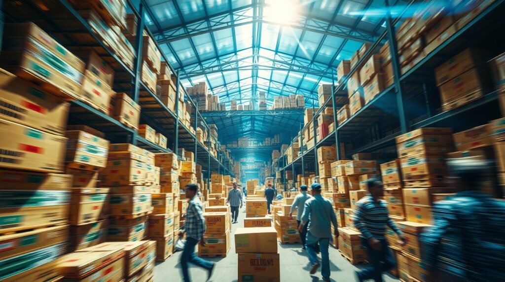 A dynamic image of an Indian warehouse, export boxes, workers in motion, bright lens flares, vibrant colors, blurred lines, action poses